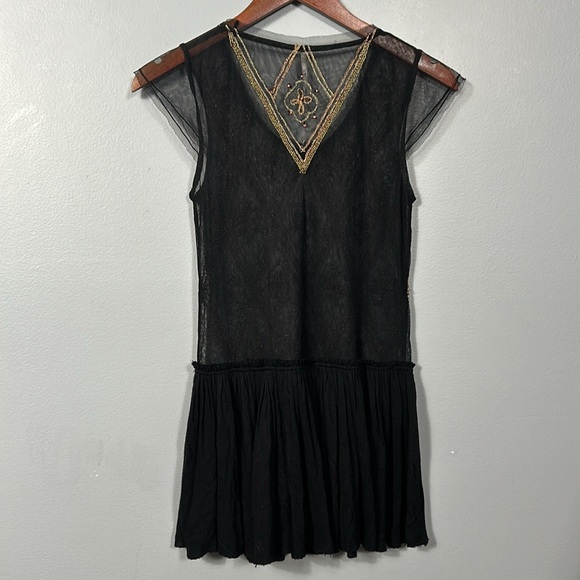 Free People S Black Mesh Tulle Shirt Beaded Embellished Boho Gypsy Tunic Top XS - Picture 9 of 9